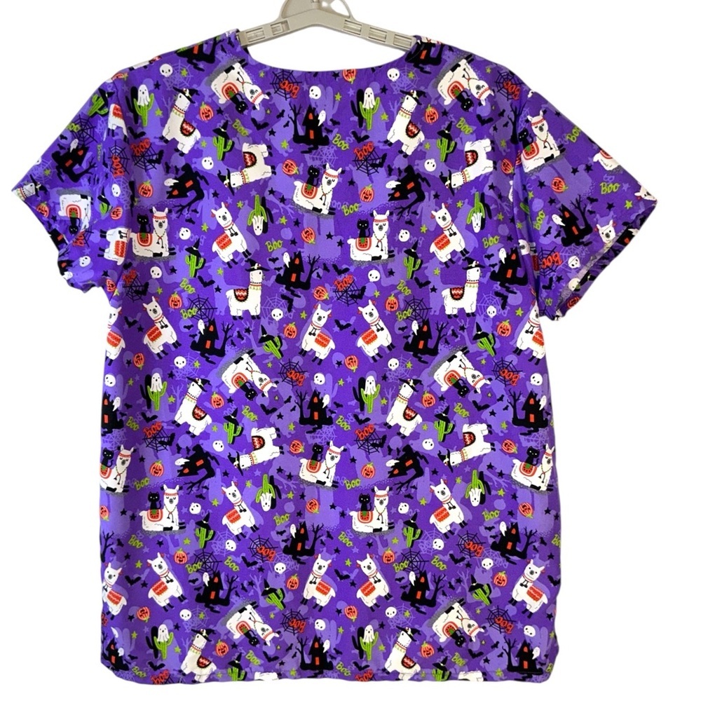 Cassandra O Scrub Top Llama’s Halloween Theme V Neck Short Sleeve Purple XL - Picture 2 of 16